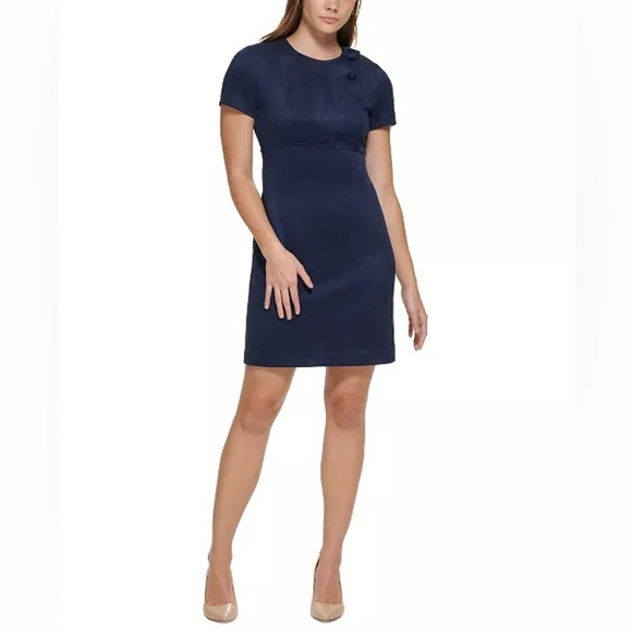 NWOT Calvin Klein Faux-Suede Button-Trim Sheath Dress in Navy Blue 10 - Picture 1 of 6